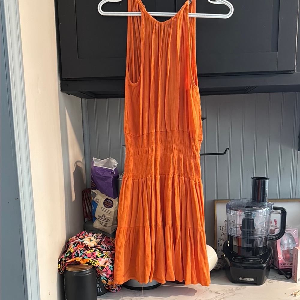 Orange Pleated Halter Sundress for Casual Resort Wear